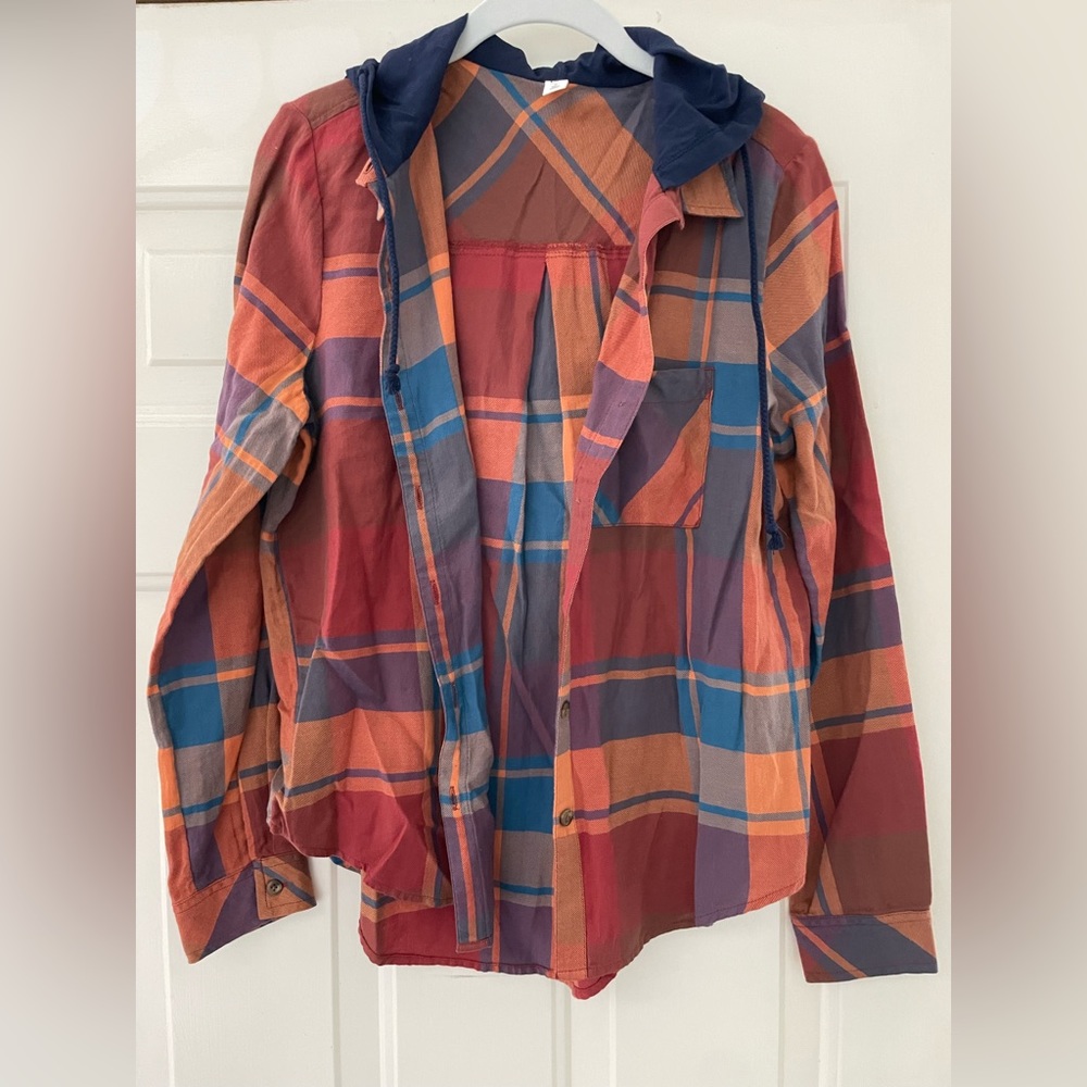 BP. Orange flannel shirt with blue hood.  Size small.  Excellent condition